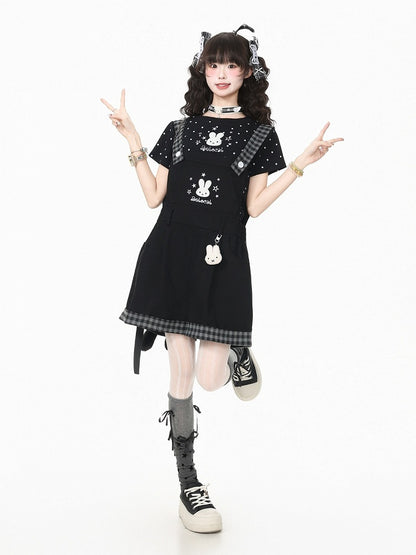 Black Plaid Overall Shorts with Bunny Embroidery - Languid Park