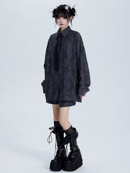 Elastic Set: Tencel Shorts Collar Polo Gray Waist Shirt with Top