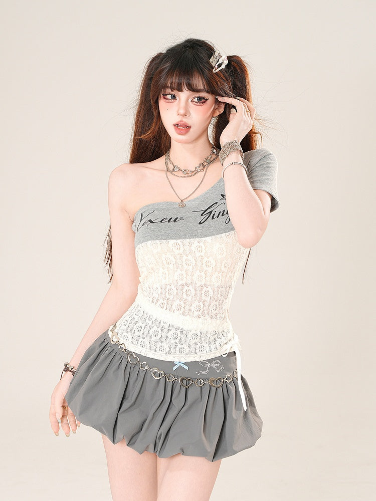 レースアップ アシンメトリーネックライン コントラストレースパッチ サイドグレー Tシャツ