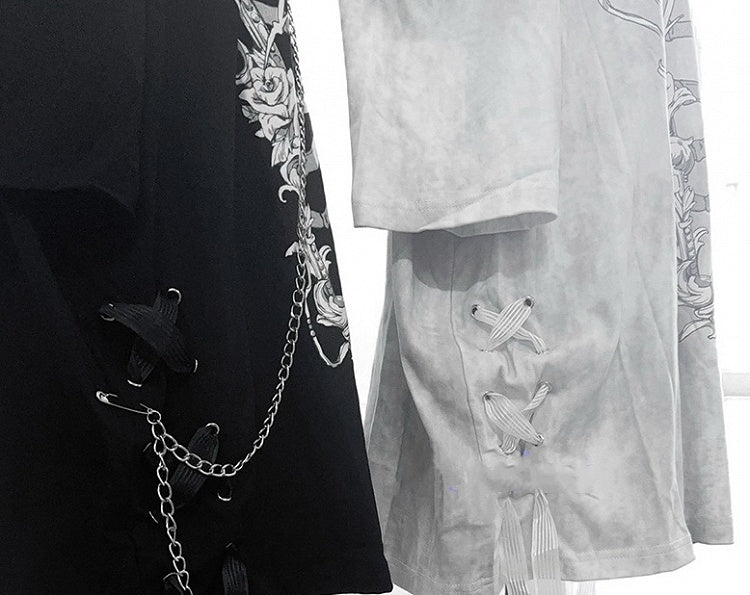 Choker T-Shirt Ribcage Gothic Shoulder Chain Coffin Print with Zip Detachable Convertible Black