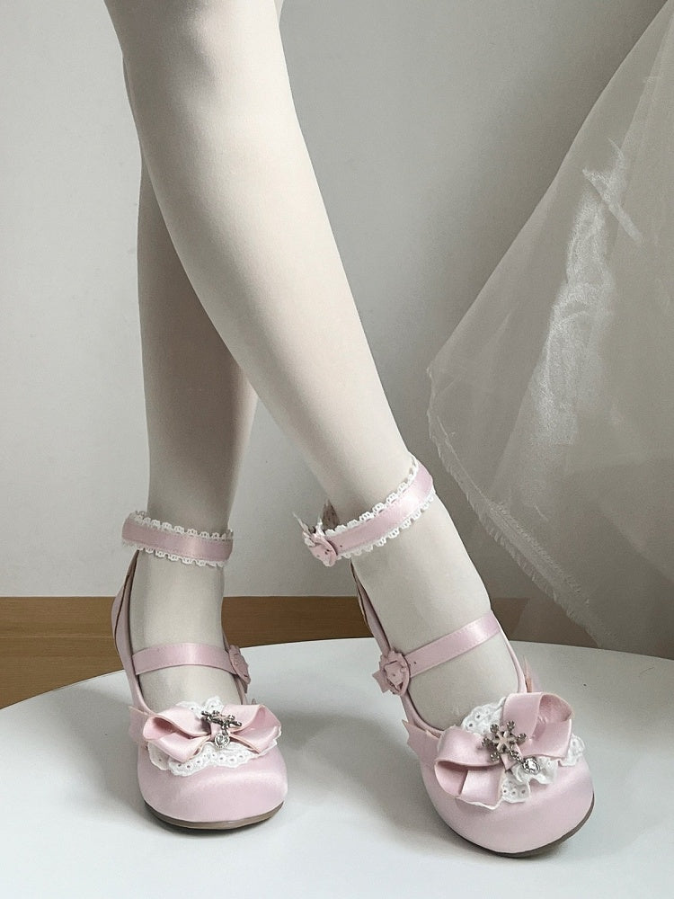 Pink Snow Embroidery Heart Buckle Shoes with Transparent Heel - Vintage Sweetheart