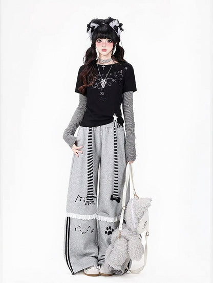Casual Gray Kitty Print Straight Pants with Lace Trim and Belt - CRAZY GIRL
