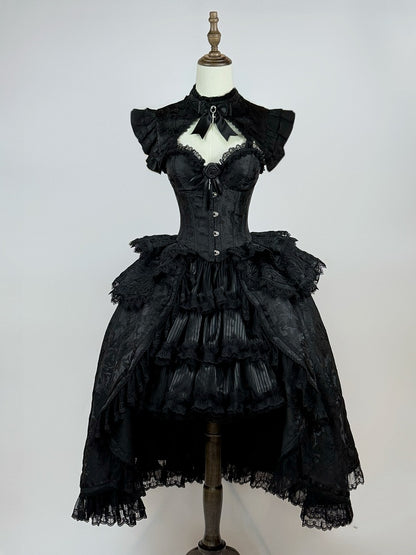 Gothic Lolita Boned Corset Top with Tiered Skirt and Collar in All Black - Somnium Isle