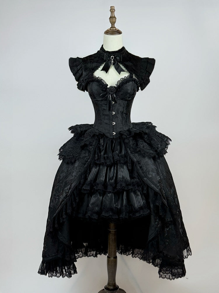 Gothic Lolita Boned Corset Top with Tiered Skirt and Collar in All Black - Somnium Isle