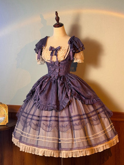 Lilafarbenes, quadratisches Ausschnitt-Feder-Jacquard-Kordelzugrock-Klassiker-Lolita-Kleid