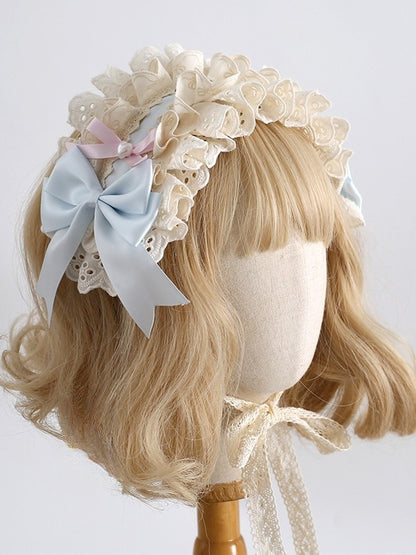 BluePink Hairband Decorated Lolita Sweet Beaded Ruffled Details Bowknot