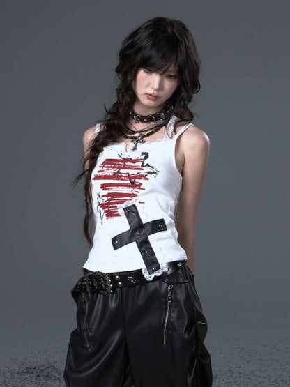 White Punk Star Graffiti Cami with Lace  Studded Cross Top