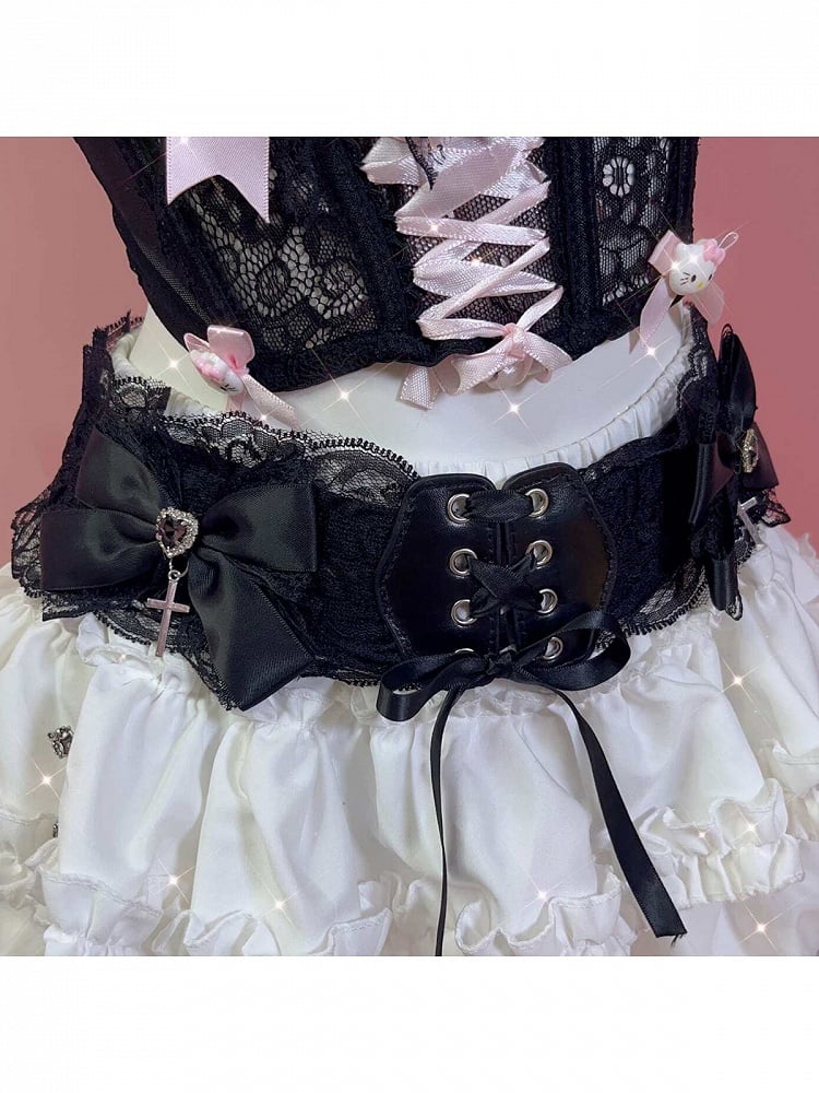 Lace Trim Belt Bow Decoration - Peach Captain