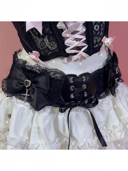 Lace Trim Belt Bow Decoration - Peach Captain