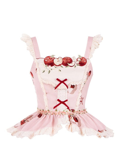 ピンクのアップル刺繍ネックラインタンクトップ