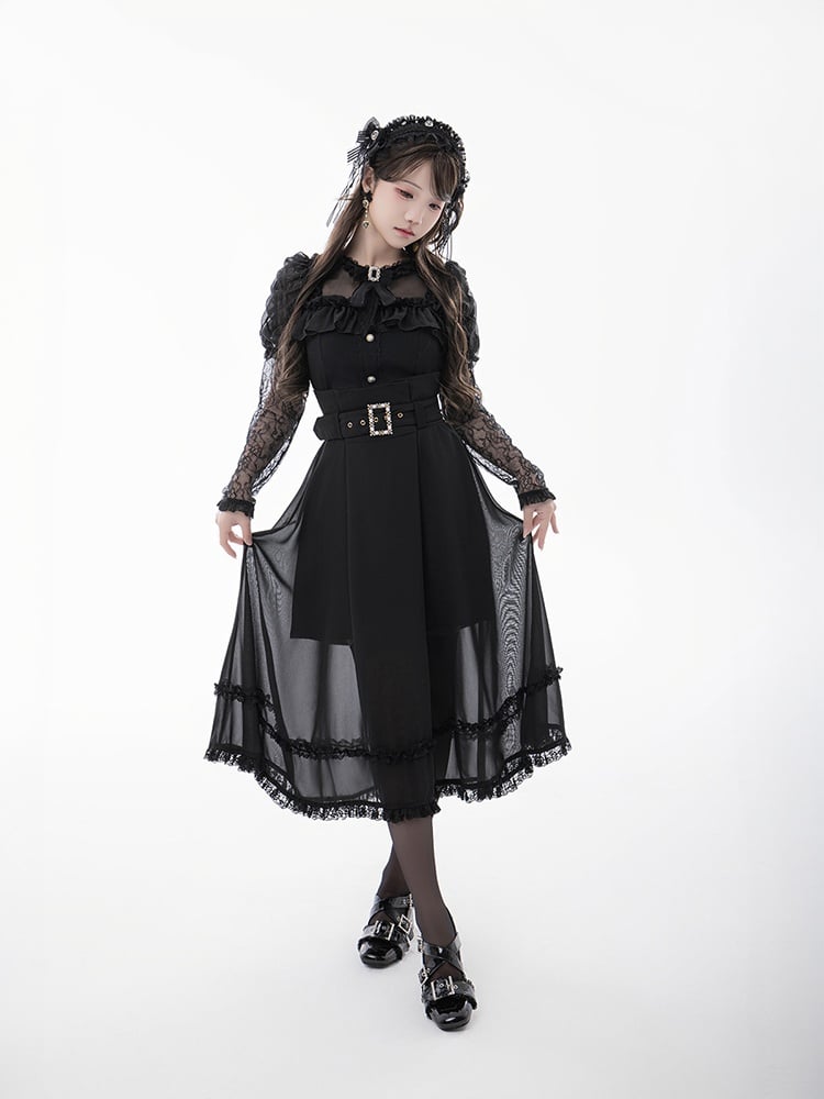 Tie Black Illusion Neckline Juliette Sleeves Jirai Kei Lace Blouse+Bow