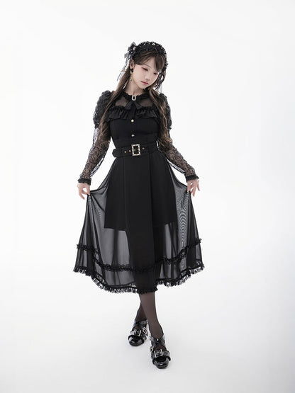 Tie Black Illusion Neckline Juliette Sleeves Jirai Kei Lace Blouse+Bow
