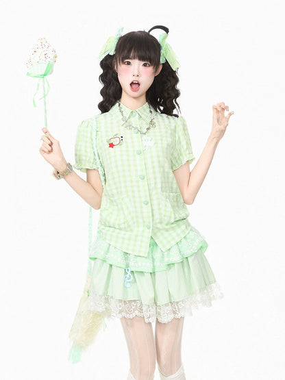 Green Gingham Puff Sleeve Top with Apple Embroidery - Languid Park