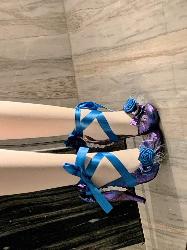 Blue & Purple Feather & Rose Theme 9.5cm High Heels with Lace-up Design - Cheese Mango