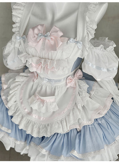ブルーとピンクのスイートメイドエプロン＋バスクウエストティアードフリルヘムストラップレスパフィードレス