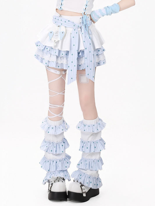 Sweet Edgy Kawaii White & Blue Tiered Skirt with Star Print and Waist Tie + Matching Leg Warmers Set - CRAZY GIRL