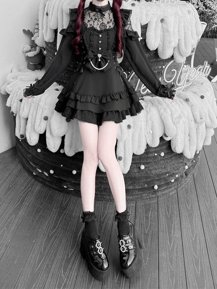 Jirai Kei Black Floral Lace Dress Set with Shorts, Bow Tie, Bead Chain & Hairclips - Jiuniang Cherry