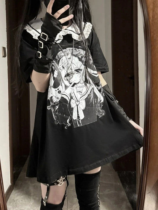 Pan Jirai Kei T-shirt Collar Black Anime Girl Print Peter