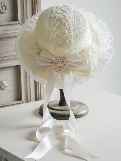 with – 5 Lace-Trimmed Bows Flowers Lolita Straw Options Hat Color and