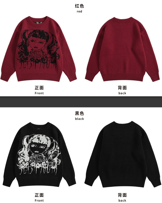 ワインレッド/ブラック Y2K ガール柄セーター（フリーチョーカー付き）