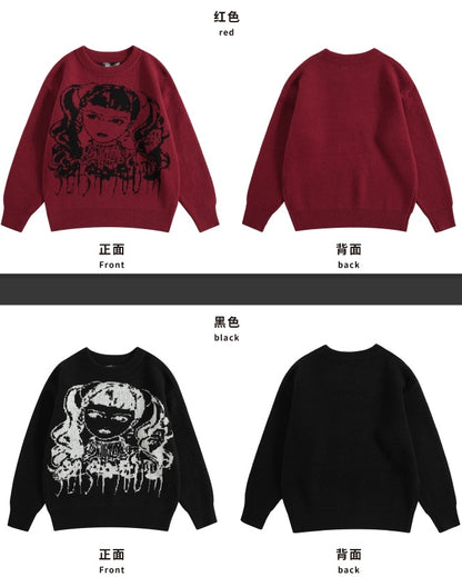ワインレッド/ブラック Y2K ガール柄セーター（フリーチョーカー付き）