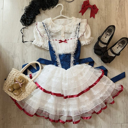 Jumper Blue Bows Waist Skirt White Lolita Basque Print Dark Balletcore Snow