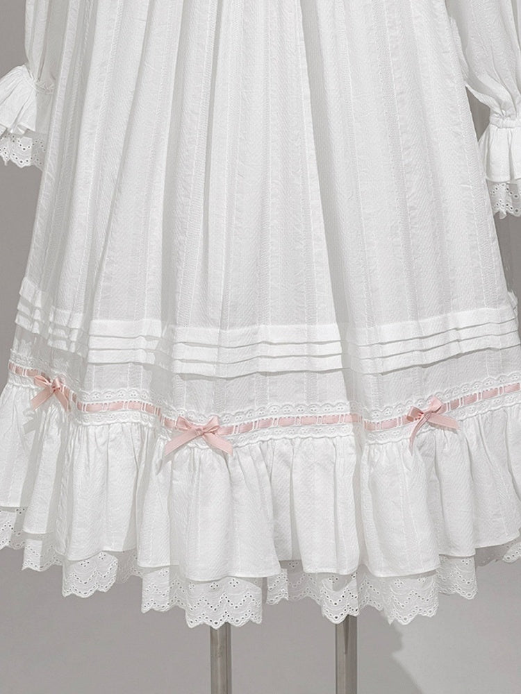 White & Pink Lace Lolita Dress with Bow - Tan Tuan