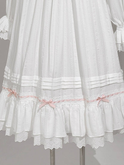 White & Pink Lace Lolita Dress with Bow - Tan Tuan