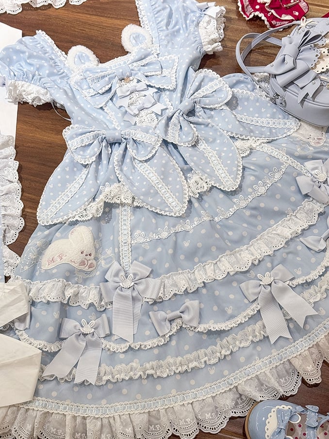 Punkte Blauer Ausschnitt Wunderschönes Quadratisches Kleid mit Hasenmuster Süße Polka-Plüschohren-Version Lolita