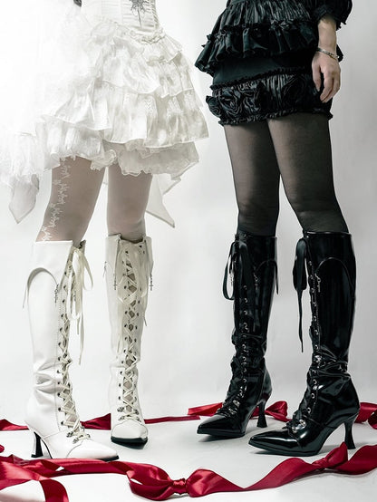 High-heel Gothic Polished Knee-Length Fold-Down - Collar White Boots