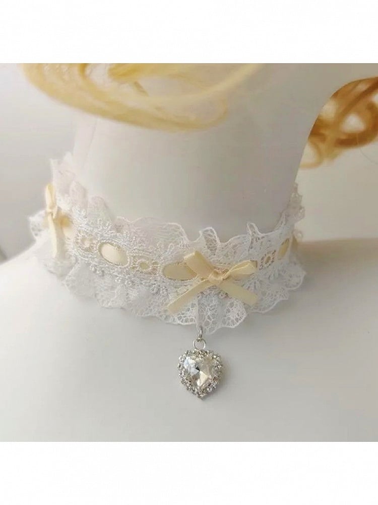 Lace Choker with Bow and Heart Rhinestone - Post-2000 Gift Shop