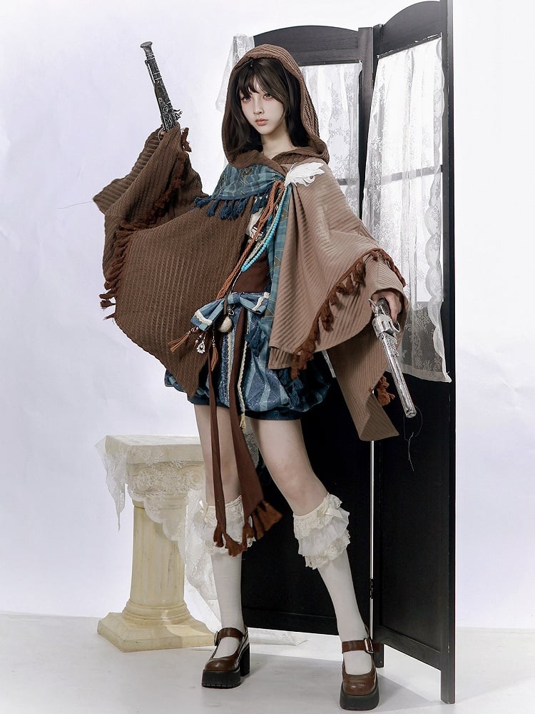 Brown Blue Striped Bow Decorated Overall Shorts Design - Xiong Dou Jiang