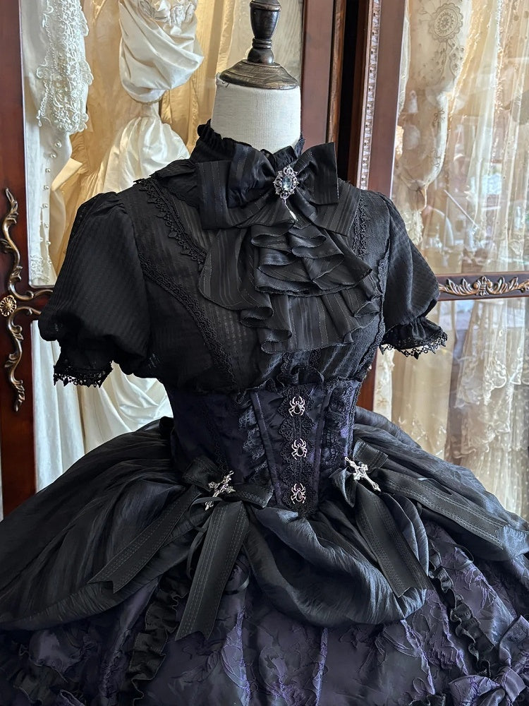 Gothic Puff Sleeve Shirt, Spider Cross, Black & Purple with Bowknot Collar - Pear Island Sweet Tea