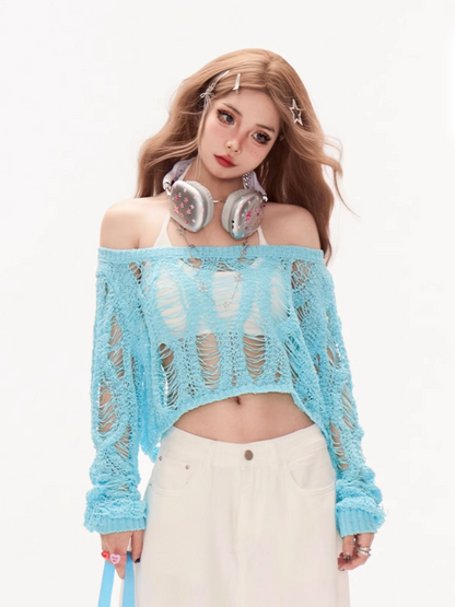 Mintblauer Ausschnitt, schulterfrei, Sommer-Strick-Überwurf, Löcher