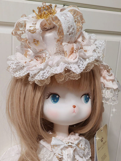 Hat Lolita Pink Gorgeous Crown Mini White Lace Gold Clip With