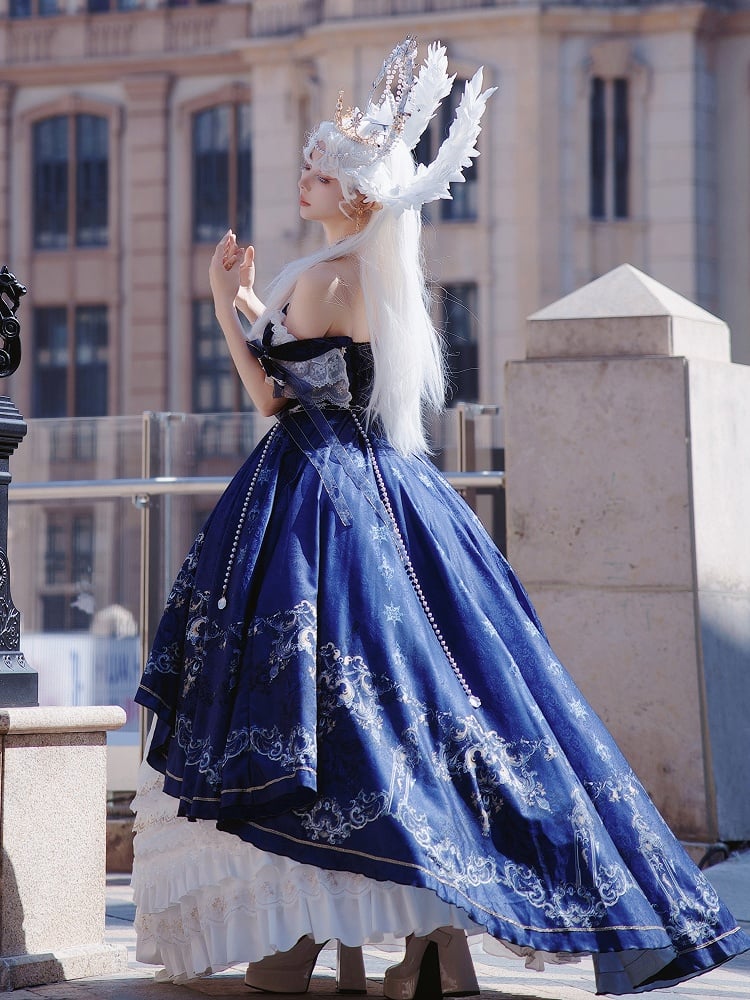 Dark Blue and White Boned Corset Bodice Gorgeous Printed Train Lolita Dress Full Set