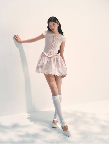 Detail Lace-up with Design Flower Cutout Tie Princess Front Pink Dress