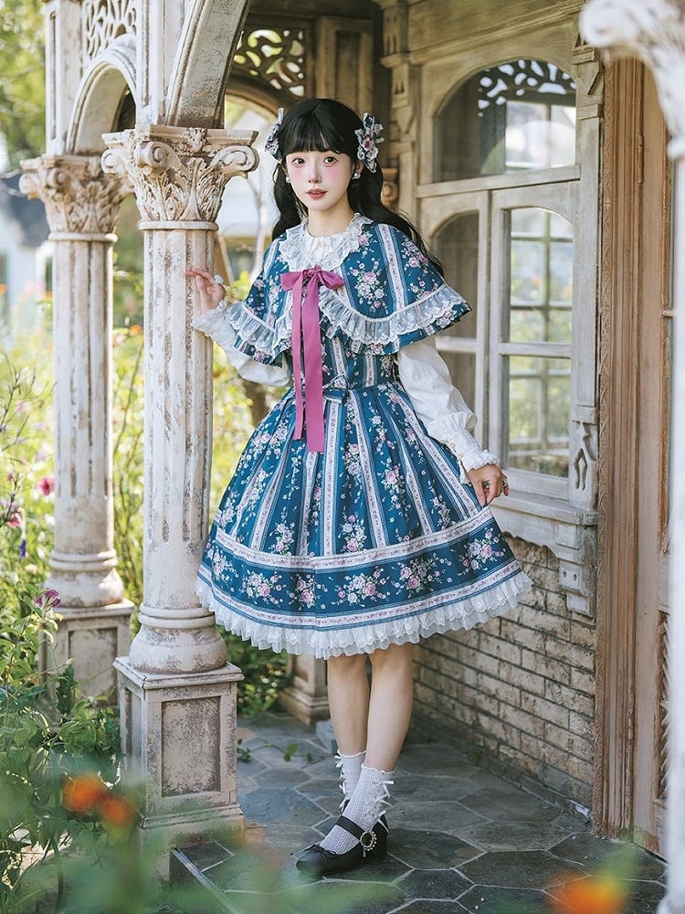 Teal Floral Print Classic Lolita JSK Dress with Back Lace-Up & Box Pleat Skirt - Miss Cube Dressworks