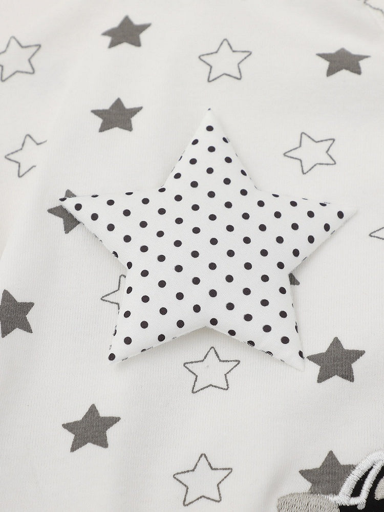 White Asymmetric Tee with Star Motif & Puppy Emblem - Languid Park