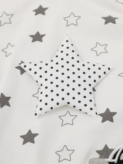 White Asymmetric Tee with Star Motif & Puppy Emblem - Languid Park