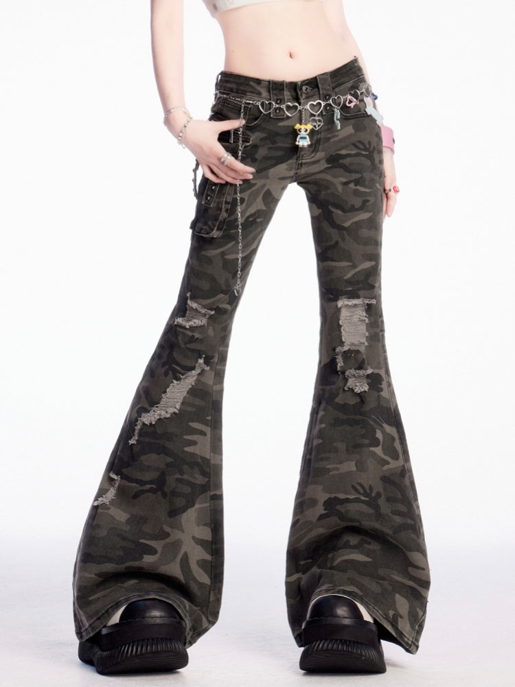 Camouflage Low Flared Cargo Pants Rise Distressed Holes