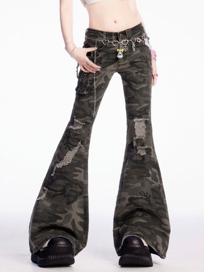 Camouflage Low Flared Cargo Pants Rise Distressed Holes