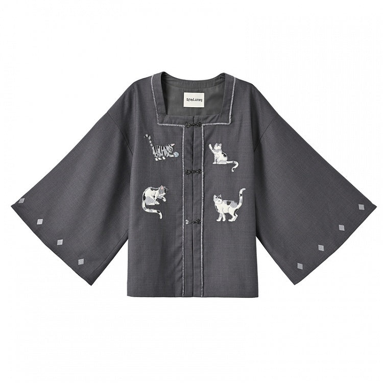 Grey Square Neck Cat Embroidery Cheongsam Style Knot Button Top