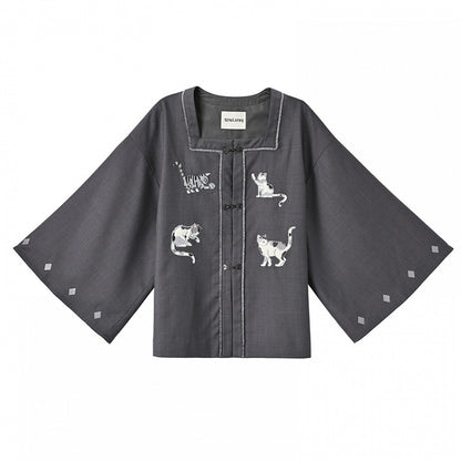 Grey Square Neck Cat Embroidery Cheongsam Style Knot Button Top