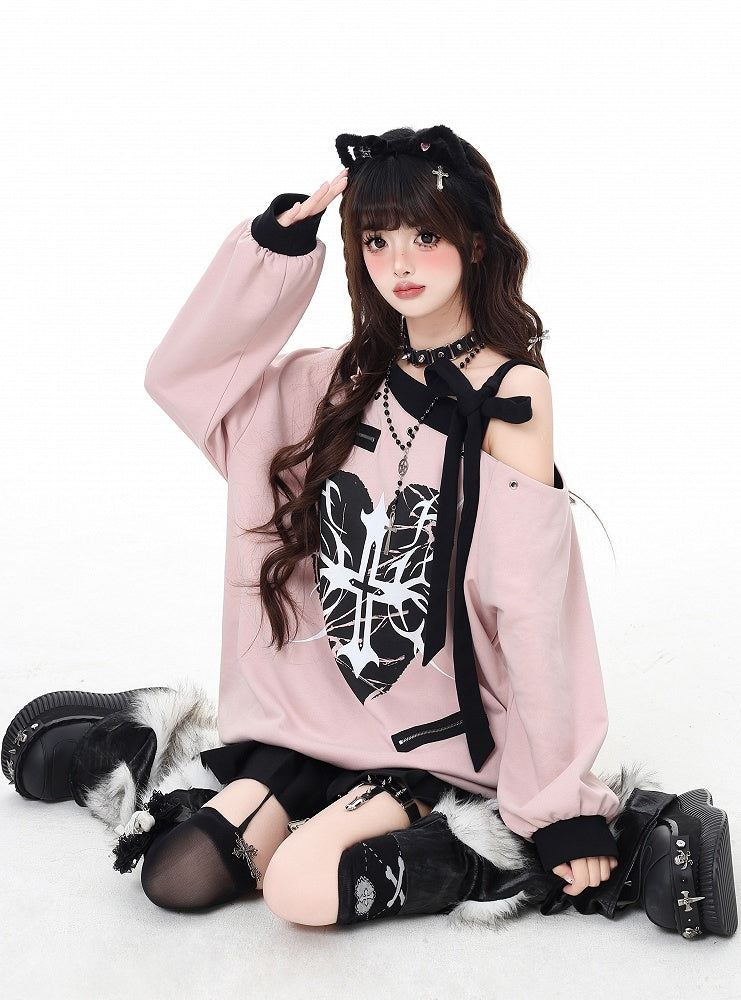 Pink Asymmetrical Neckline Top with Self-Tie Straps & Heart Cross Print - CRAZY GIRL