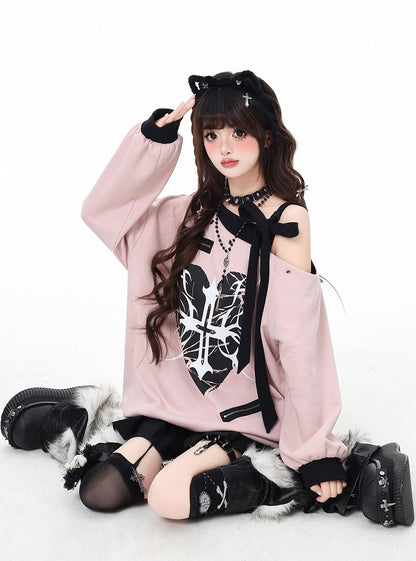 Pink Asymmetrical Neckline Top with Self-Tie Straps & Heart Cross Print - CRAZY GIRL