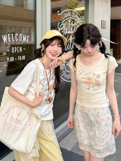 バージョンTシャツ ベージュ 愛らしいキツネプリント ロング/ショート