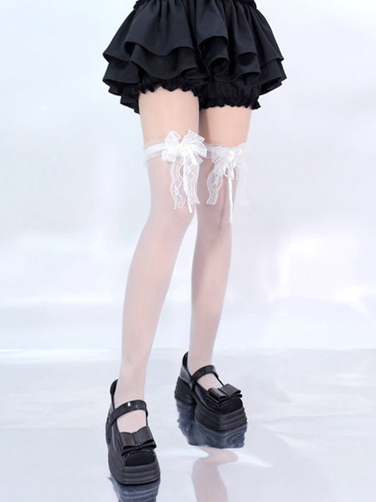 Black / White Lace Bowknot on Cuffs Over Knee Stockings