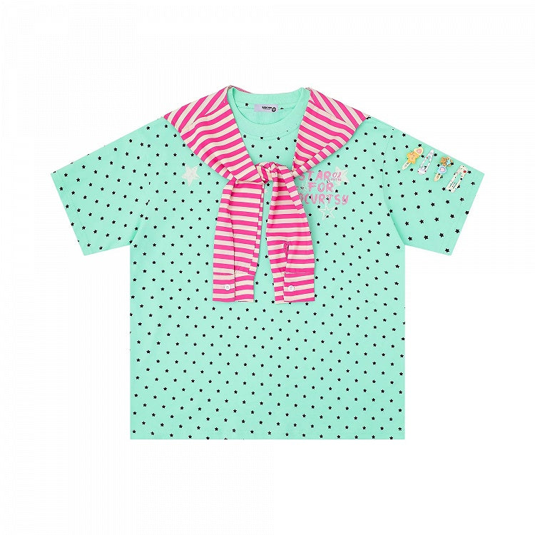 Green Star Print Tee with Stripe Shawl and Hairclip - Languid Park