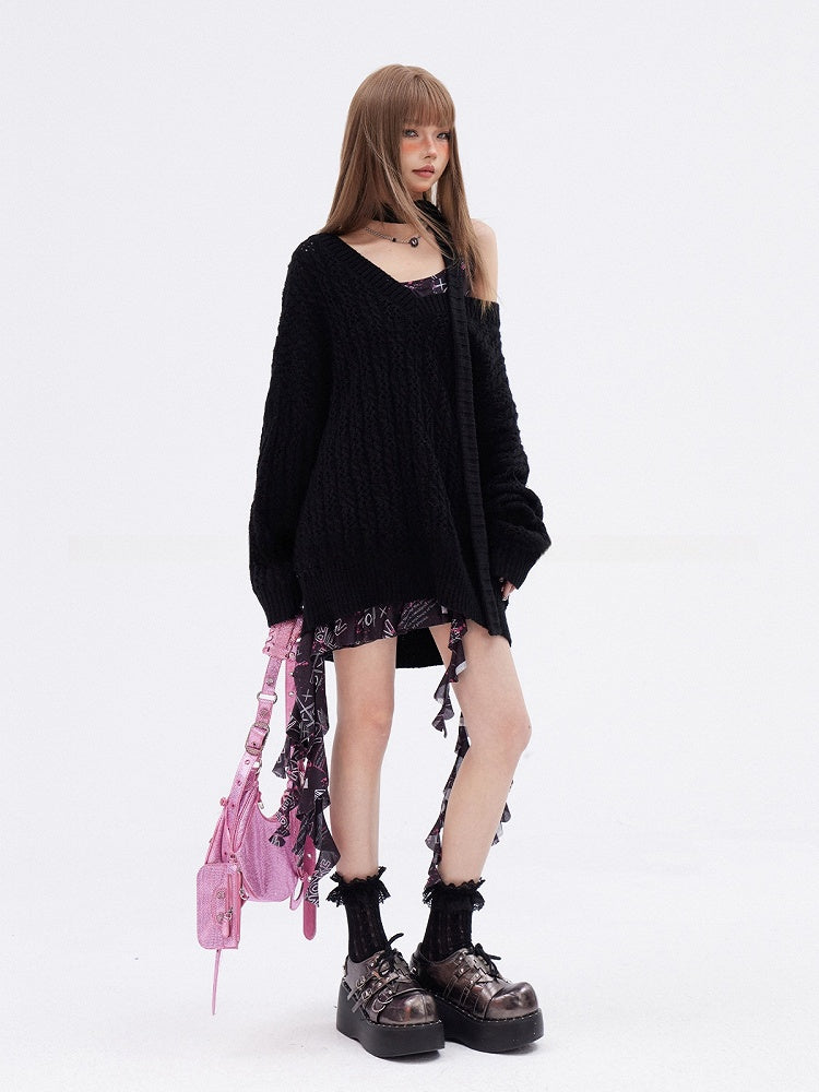 アプリコット/ブラック Vネック ホロウアウト ニットセーター